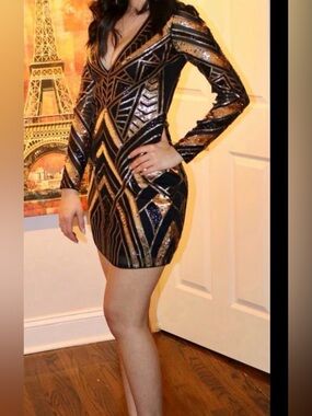 Express Black and Gold Geometric Sequin Dress